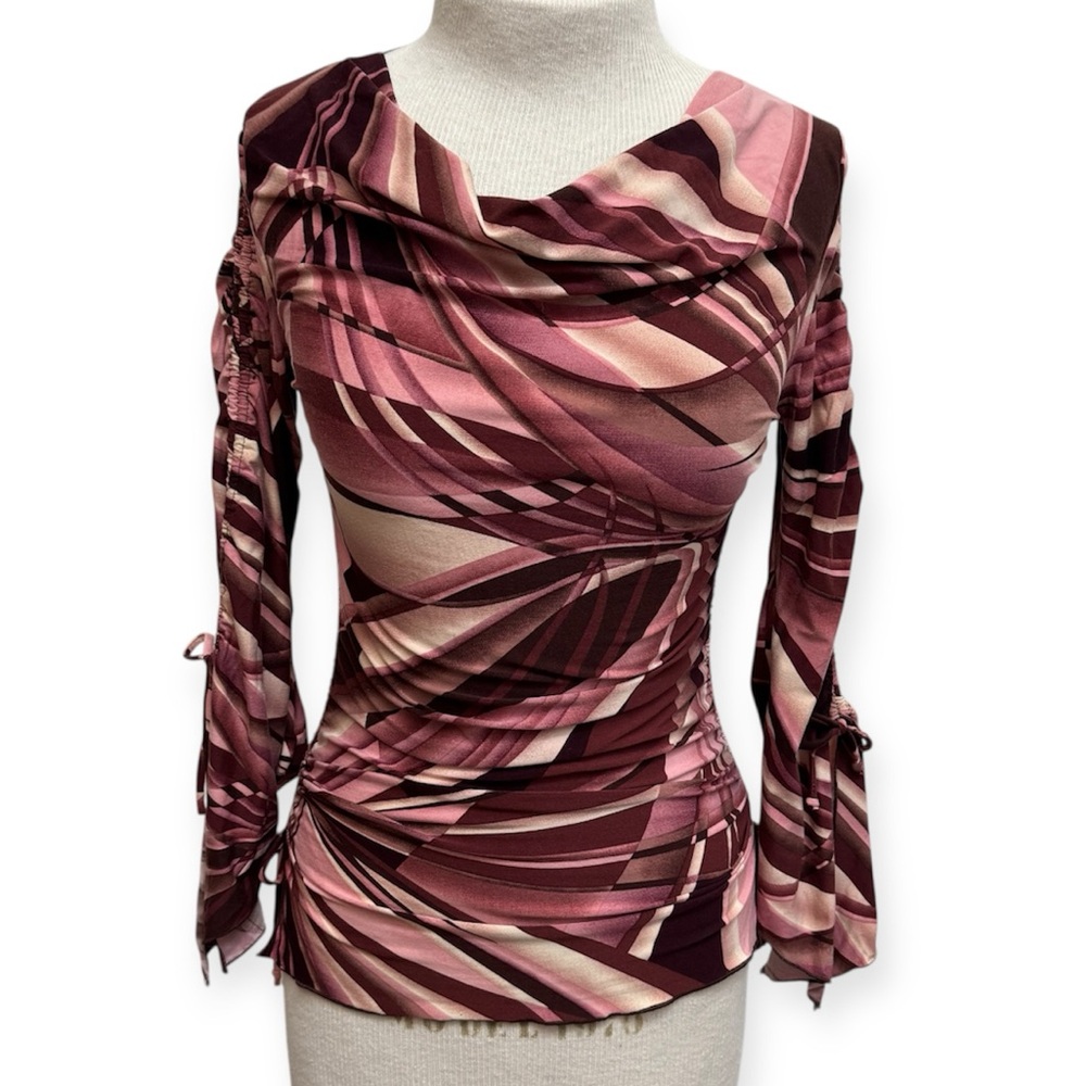 Classy- Vintage Pink and Burgundy Abstract Ruched Tie-Sleeve Blouse-Y2K